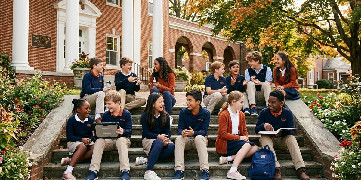 A diverse group of Meridian students collaborating on a project together