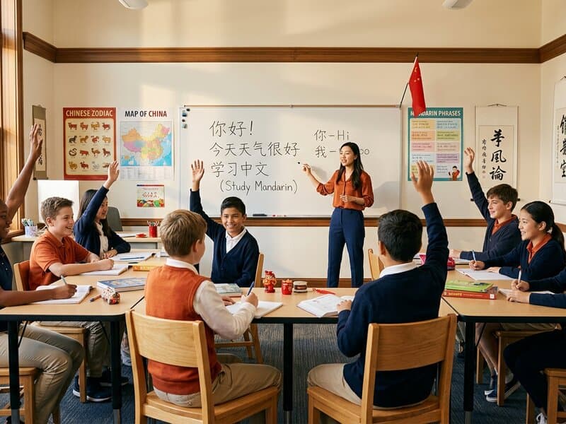 Students practicing conversational skills in a language classroom