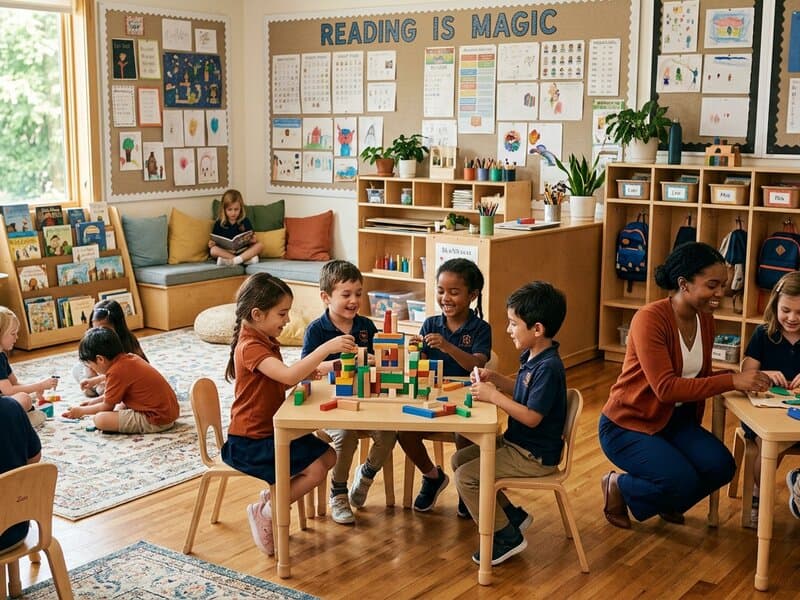 Young students engaged in a hands-on learning activity in a bright classroom