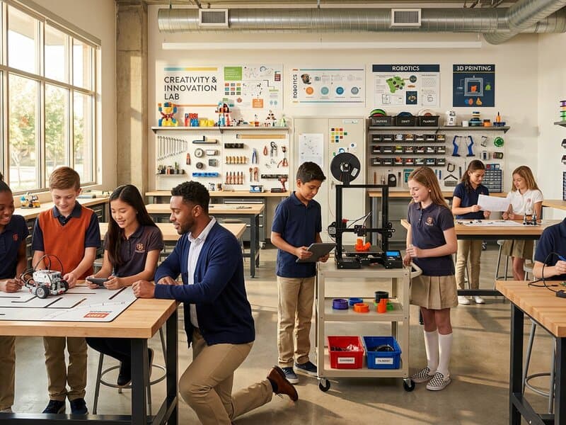 Students working on a robotics project in the innovation lab
