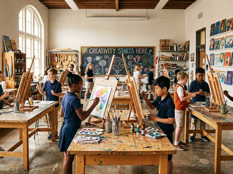 Students painting at easels in the sunlit Meridian visual arts studio