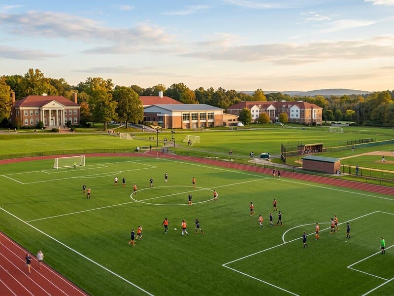 Expansive green playing fields surrounded by mature trees