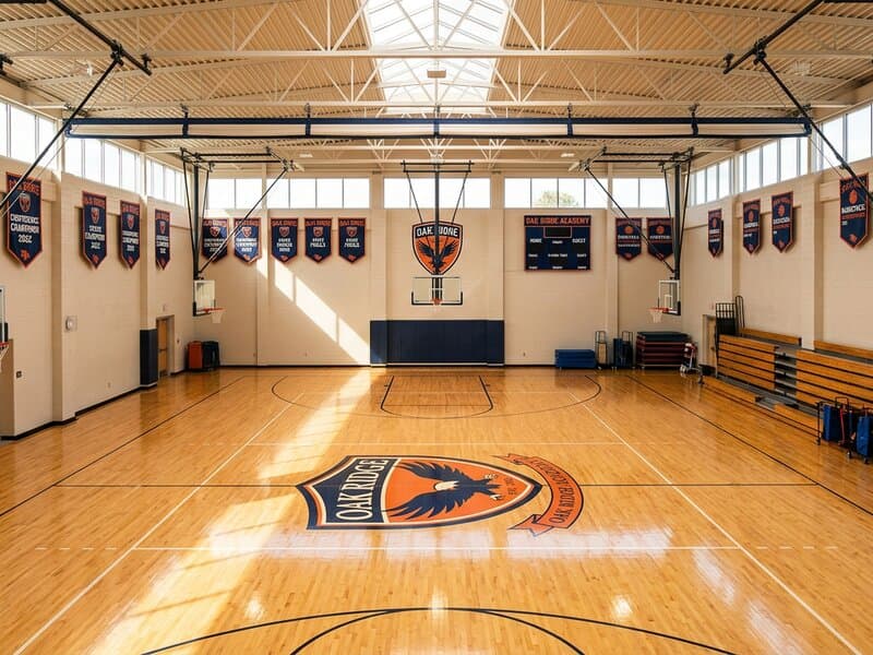 Modern gymnasium with basketball courts and bleacher seating