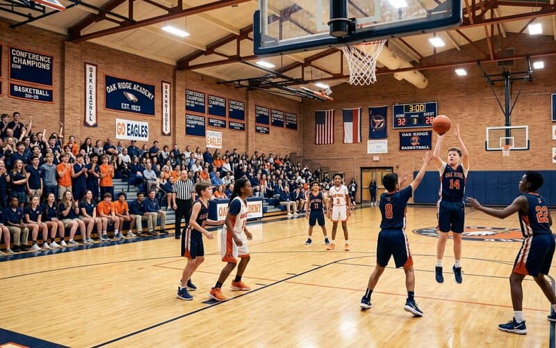 Students competing in an indoor basketball game
