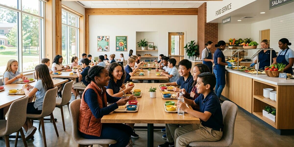 Students gathered in the sunlit dining hall sharing a meal and conversation
