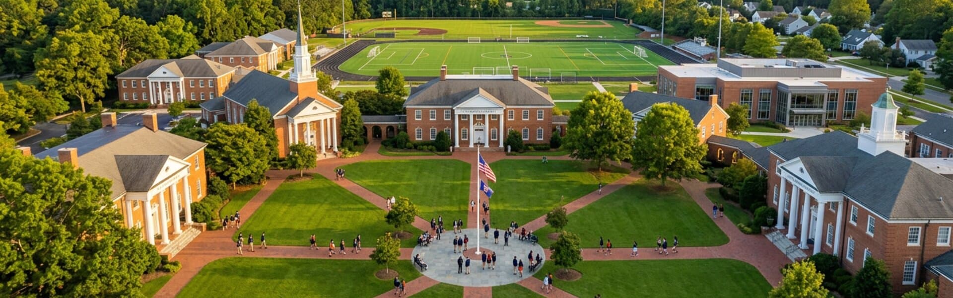 Aerial view of the Meridian Academy campus with tree-lined paths and brick buildings