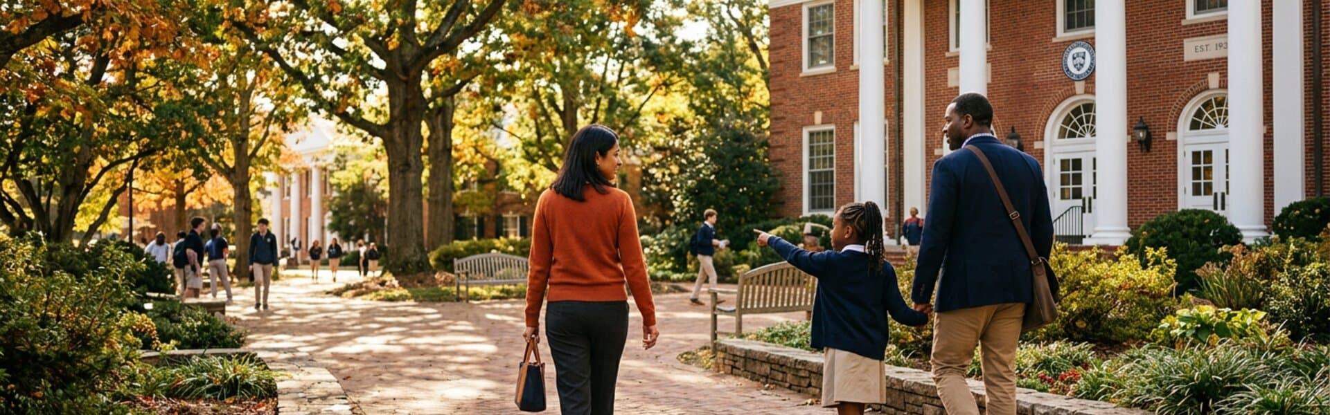 A family walking together along a tree-lined path on the Meridian Academy campus