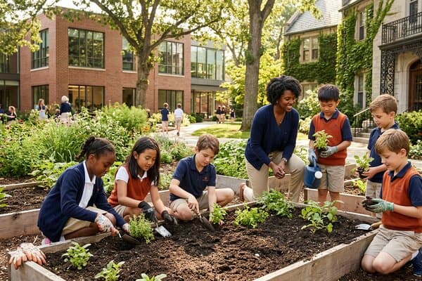 Young students planting seedlings in the school garden beds