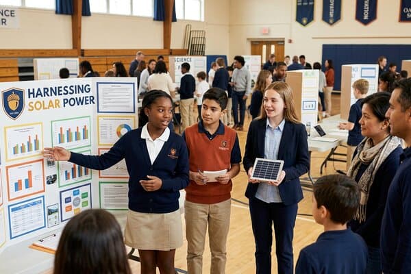 Students presenting their science fair project with a colorful display board